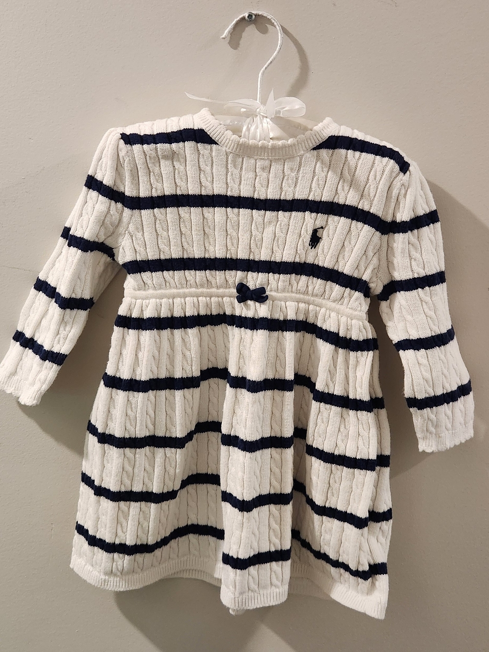 Ralph Lauren White & Navy Cable Knit Striped Baby Dress